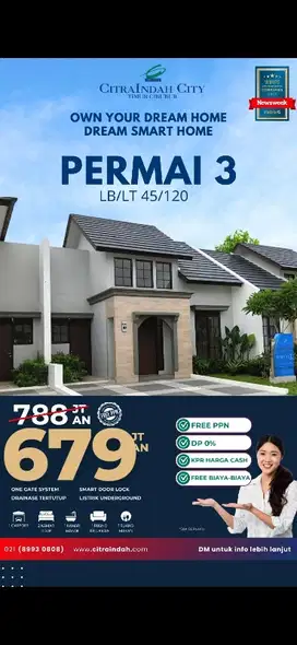 Dijual Rumah Cluster Permai Smart home di Citra Indah