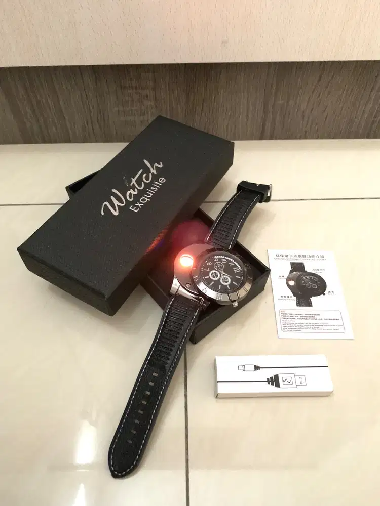 Jam Tangan Pria 2in1 Korek Api Rokok Lighter Charger USB Mancis Black