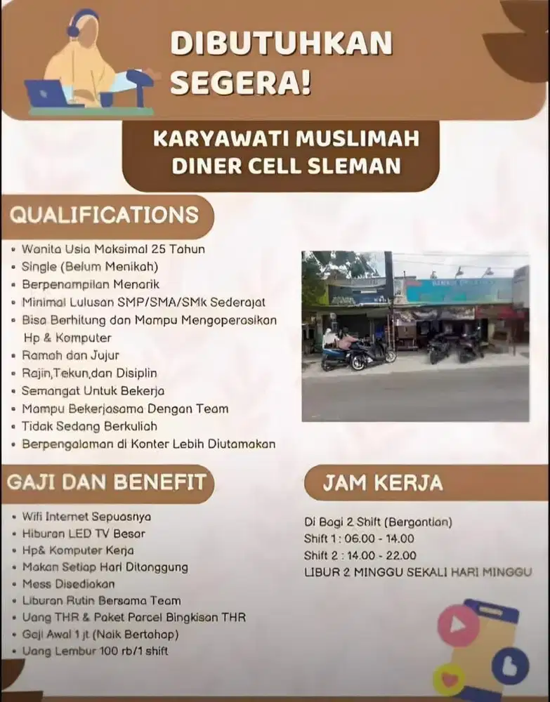 DIBUTUHKAN SEGERA KARYAWATI MUSLIMAH DINER CELL SLEMAN