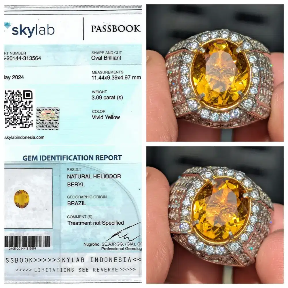natural golden heliodor beryl 3.09 cts ring perak sertifikat SKY lab