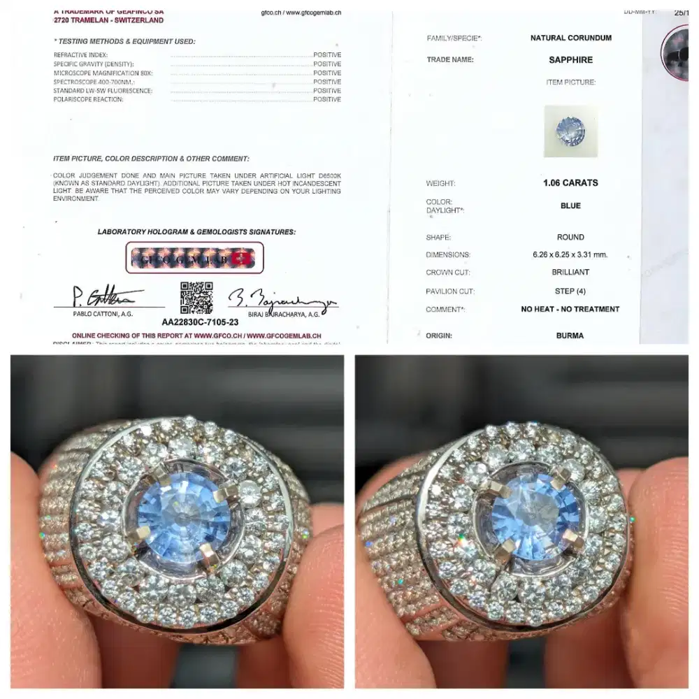 natural NTE blue safir burma 1.06 cts ring perak sertifikat GFCO lab