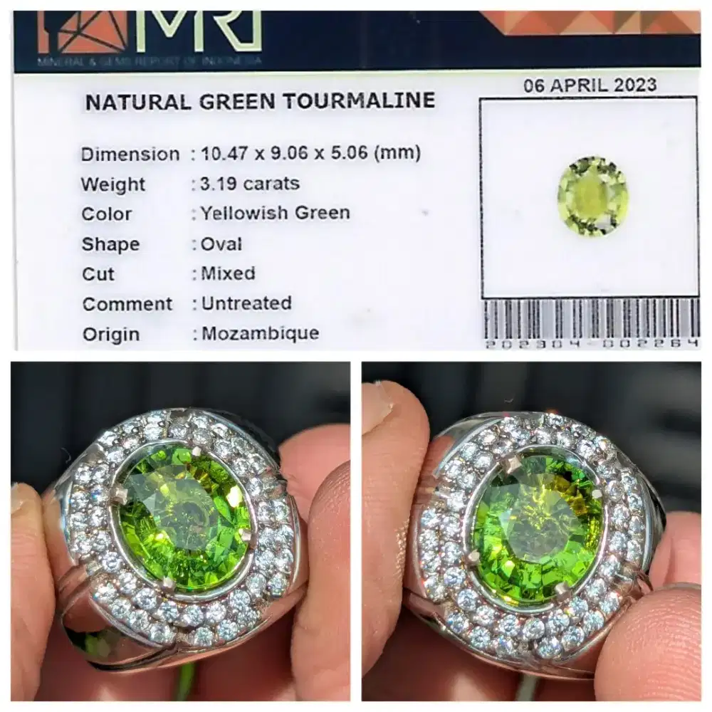 natural green tourmaline 3.19 cts ring perak memo MRI lab