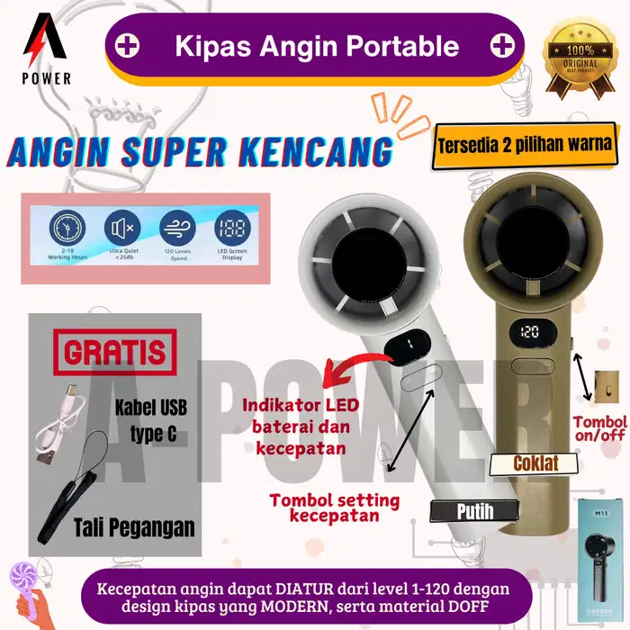 Kipas Angin Portable Genggam Turbo Mini LCD 120 Tingkat