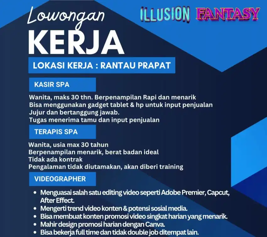 Di butuhkan videographer/editor, lc, terapis spa, dan kasir spa