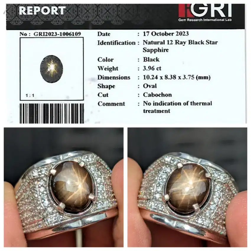 natural 12 rays black safir NTE 3.96 cts ring perak memo GRI lab