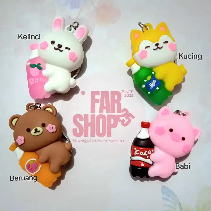 Gantungan Kunci Hewan Peluk Botol Kelinci, kucing, beruang, babi
