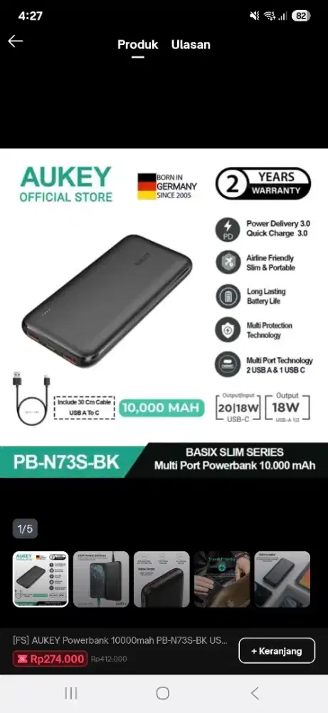 AUKEY Powerbank 10000 mah PRELOVED POWER BANK