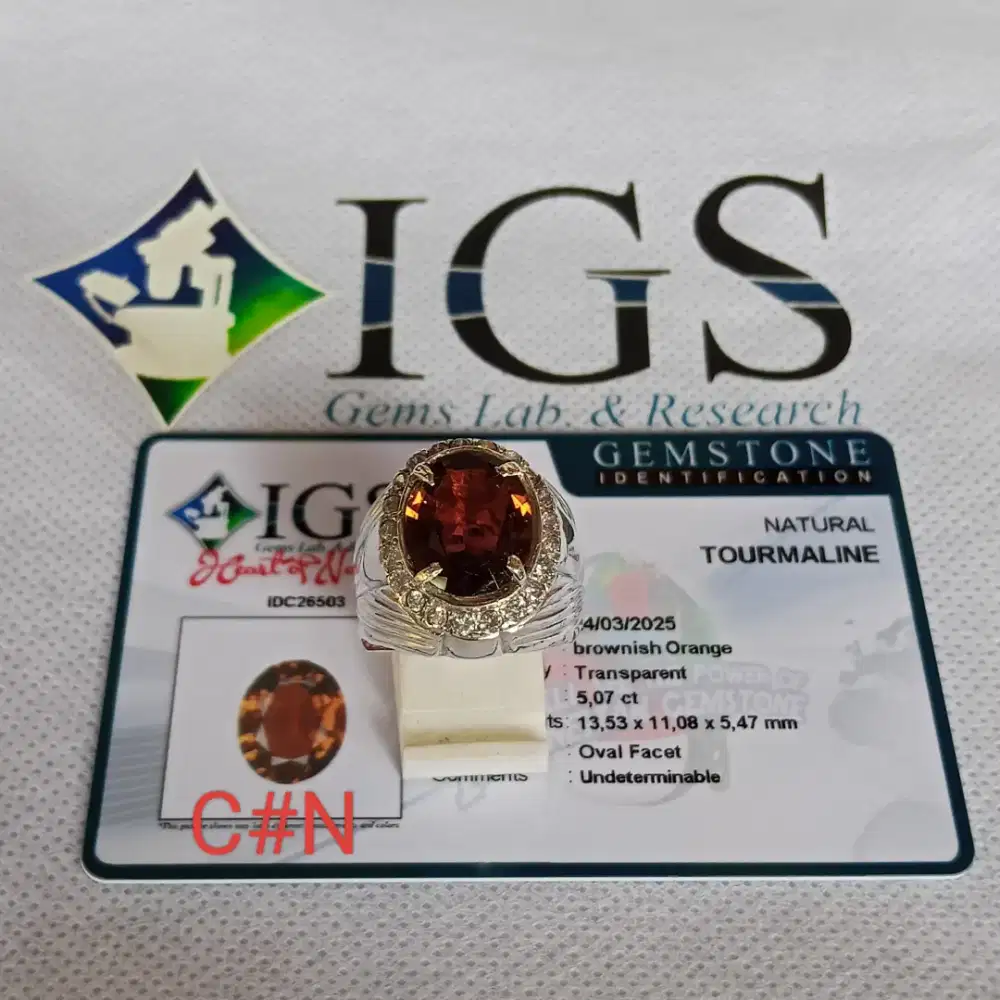 Cincin perak, batu permata natural tourmaline, gem id card IGS