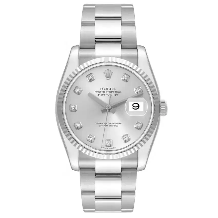 Rolex Datejust Mens 36m, Diamonds Index Silver Dial Oyster
