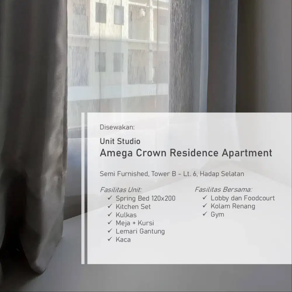 Disewakan: Unit Studio Apartment Amega Crown Residence