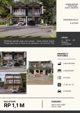 Cluster 2 lantai, Pinggir jalan raya, 5 menit ke toll Jatiwarna