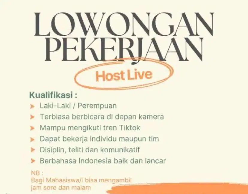 DICARI KARYAWAN WANITA HOST LIVE SECEPATNYA