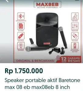 speaker aktif portabel baretone 8 inch dan 15 inch  harga satuan