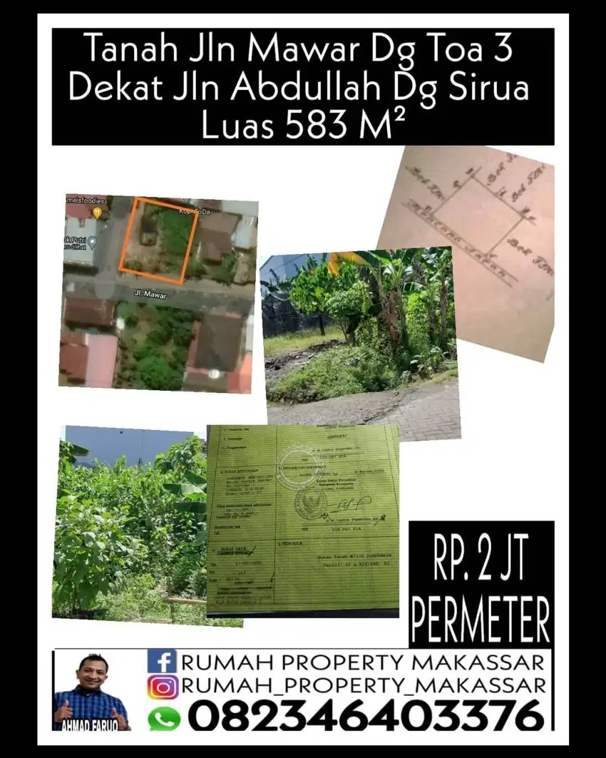 Tanah Jln Mawar Dg Toa 3  Dekat Jln Abdullah Dg Sirua  Luas 583 M²