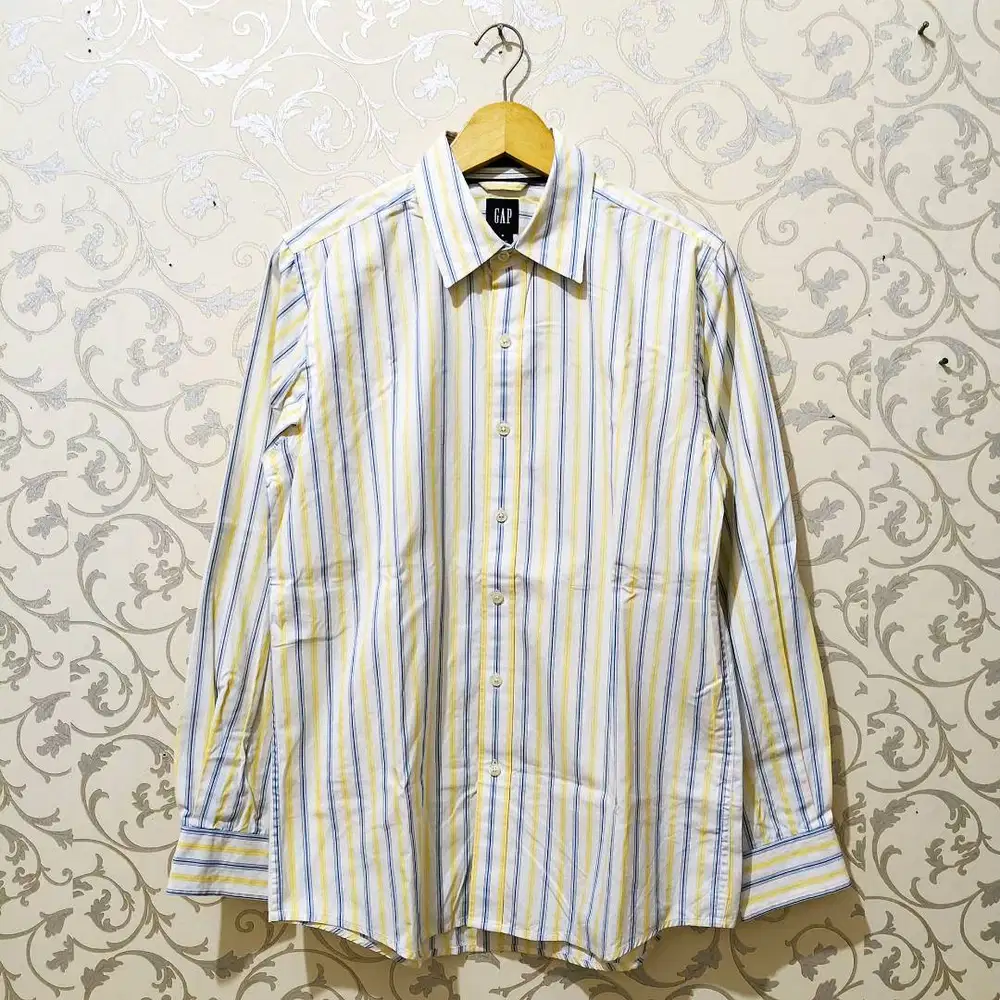 Kemeja Pria Lengan Panjang Kemeja Kerja GAP Original Salur Kuning Biru