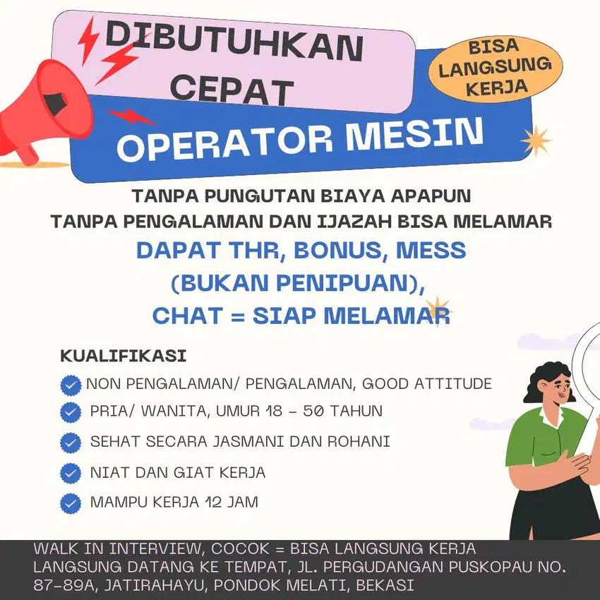 DICARI OPERATOR MESIN - ADA THR & BONUS & KERAJINAN & MESS