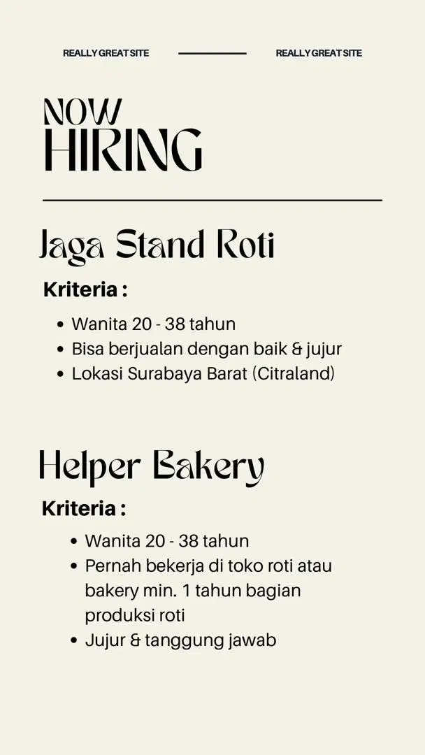 Dibutuhkan Karyawan Jaga Stand dan Helper Bakery