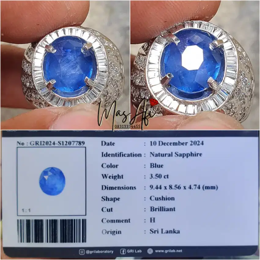 Natural Blue Sapphire 3.50ct Srilanka memo GRI Ring Perak Mikro