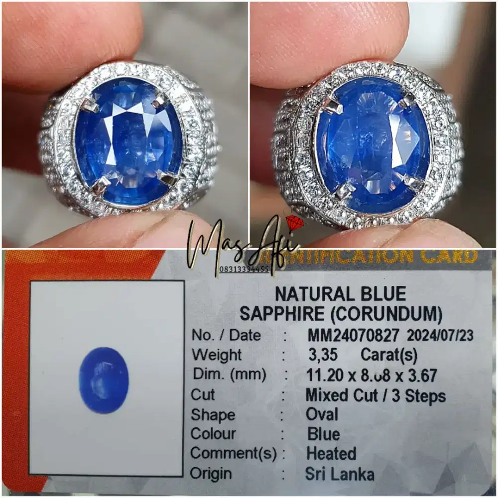 Natural Blue Sapphire 3.35ct Heated Srilanka Kristal warna siang malam
