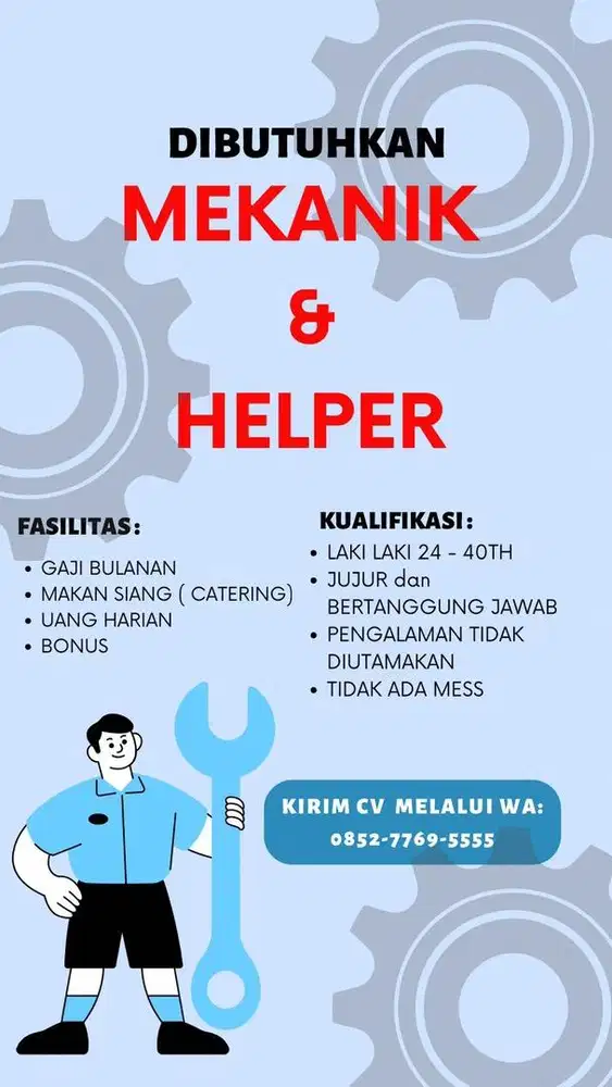 Dibutuhkan helper dan mekanik bengkel motor