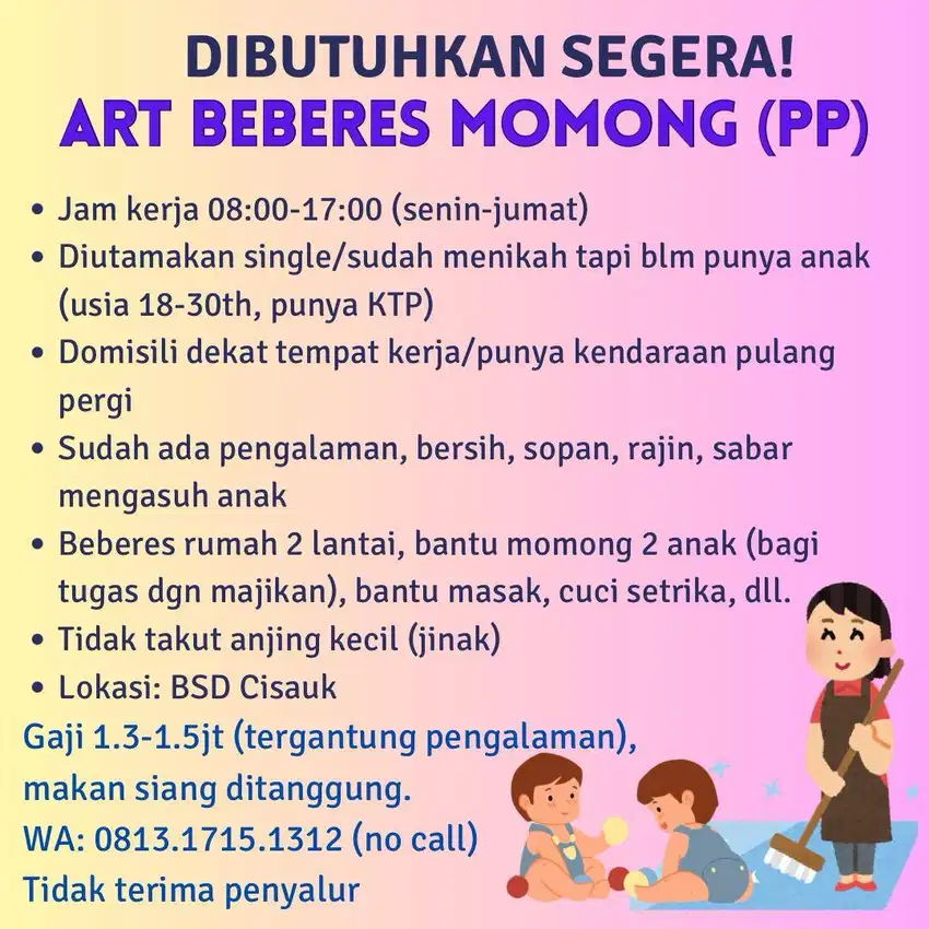 Loker di BSD utk ART Beberes Momong PP
