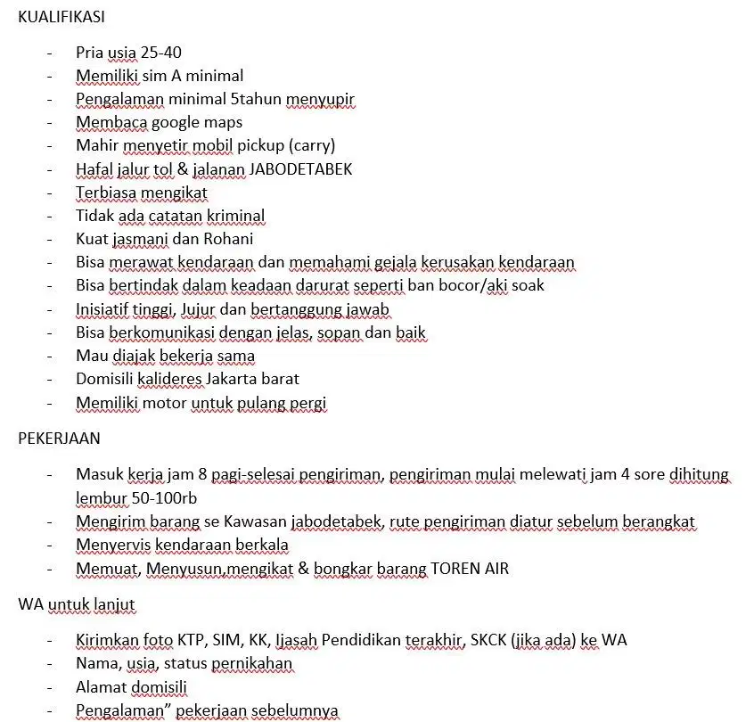 DICARI SUPIR PENGIRIMAN TOREN AIR