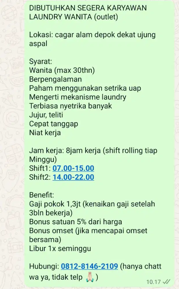 Dibutuhkan karyawan Laundry Outlet Berpengalaman SEGERA