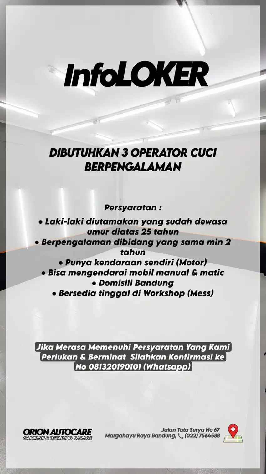 Dibutuhkan OPERATOR CUCI MOBIL