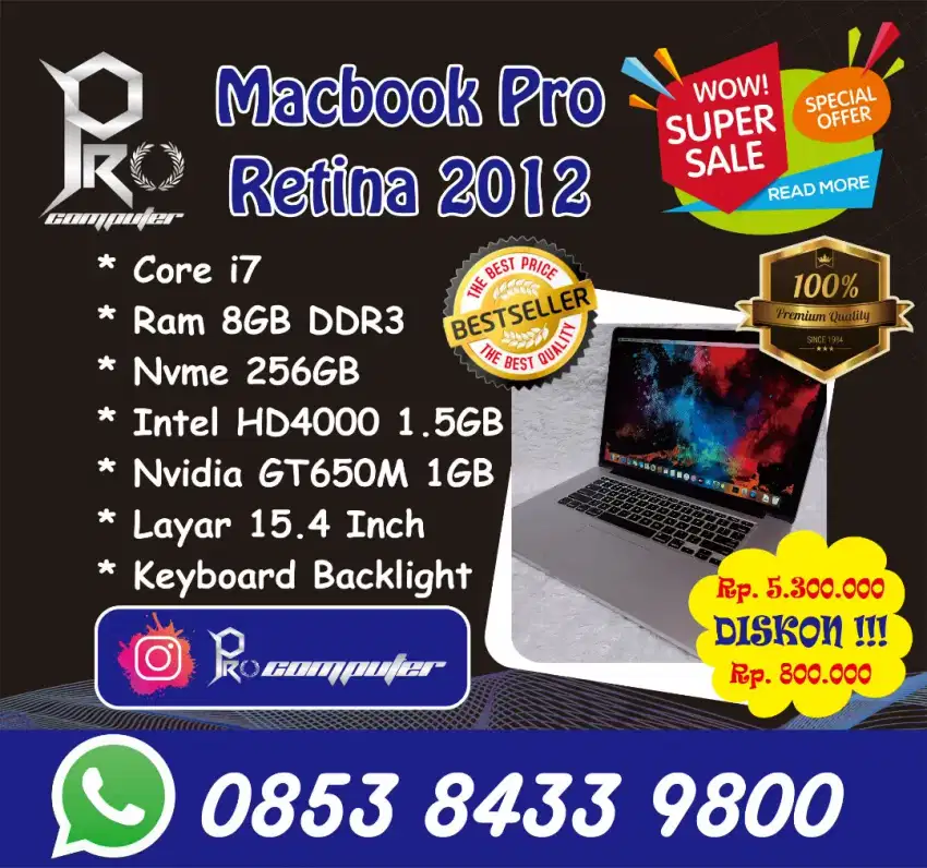 Macbook Pro 2012 Core I7 Ram 8GB SSD 256GB GT650M Prokomputer