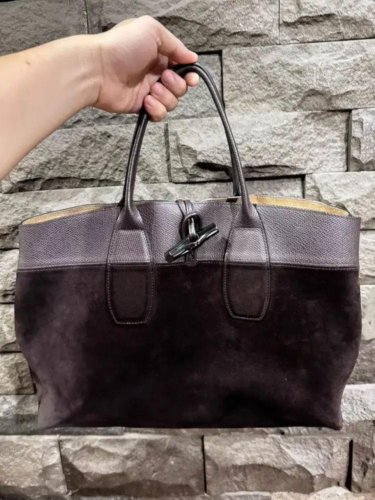 Longchamp Roseau Leather and Suede Tote Bag Brown L