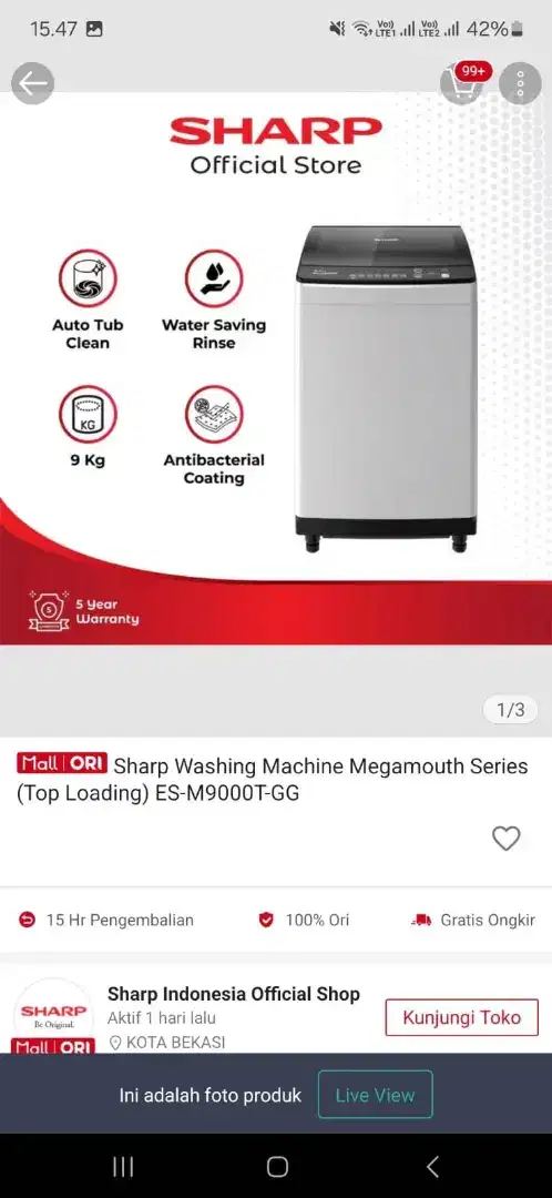 MESIN CUCI SHARP 1 TABUNG