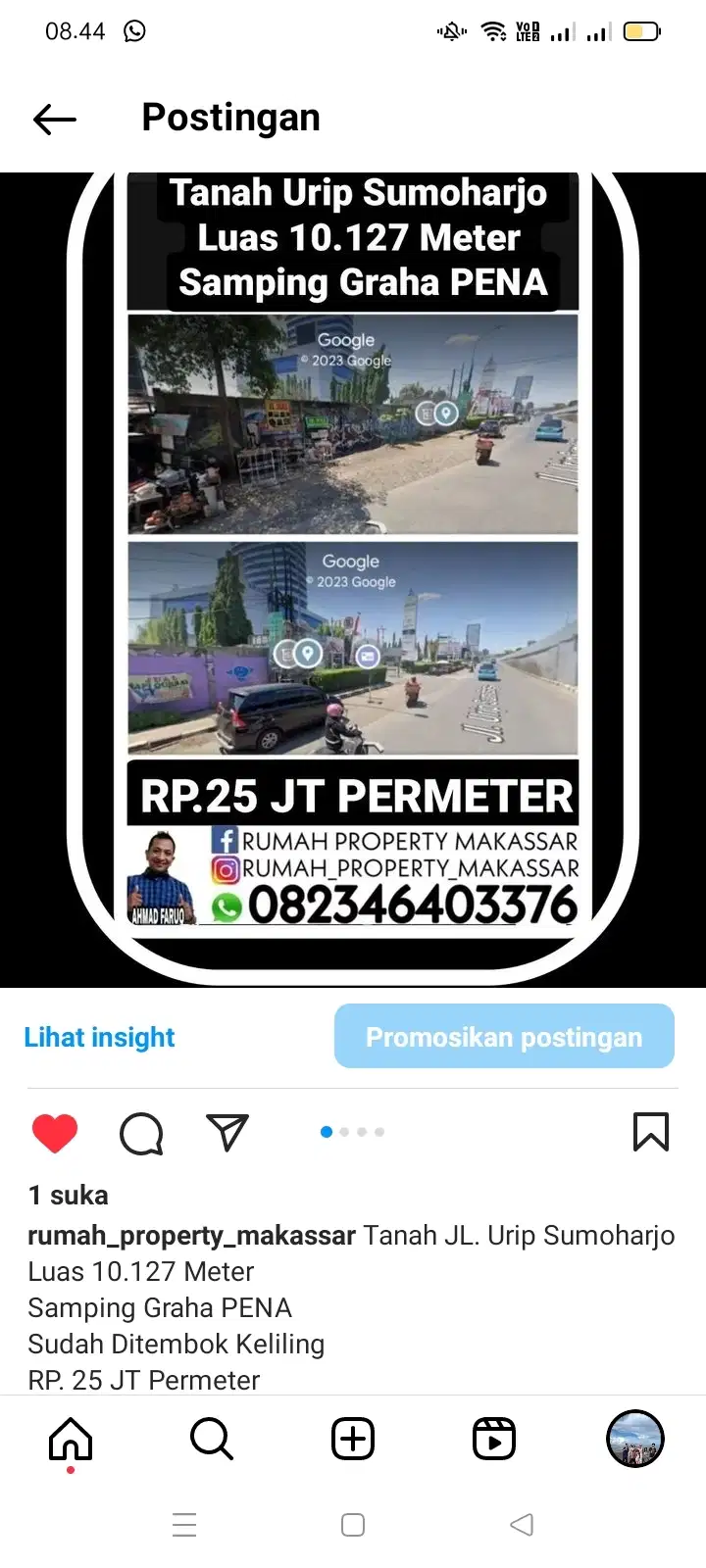 Tanah JL. Urip Sumoharjo  Luas 10.127 Meter Samping Graha PENA
