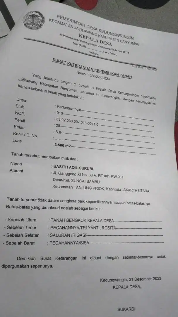 DIJUAL tanah luas 3.500 m2 SHM jatilawang purwokerto banyumas