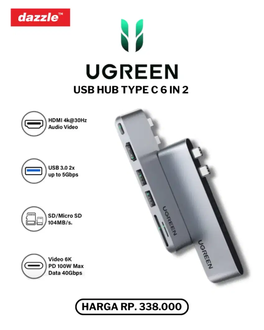 UGREEN USB HUB TYPE C 6 IN 2