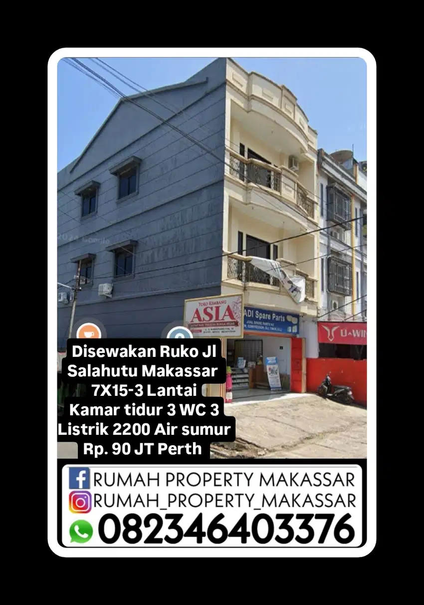 Disewakan Ruko Jl  Salahutu Makassar  7X15-3 Lantai Kamar 3 WC 3