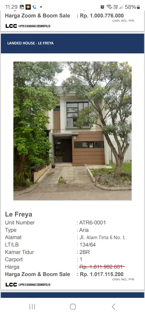 DI JUAL RUMAH LE FREYA LIPPO CIKARANG