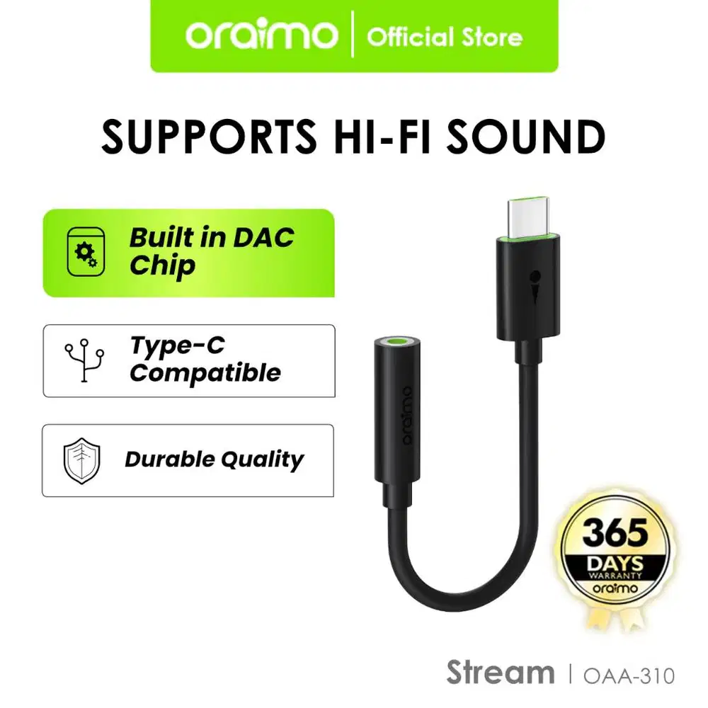 Oraimo Audio Adapter Stream Connector Aux Headphone Jack to Type-C Dur