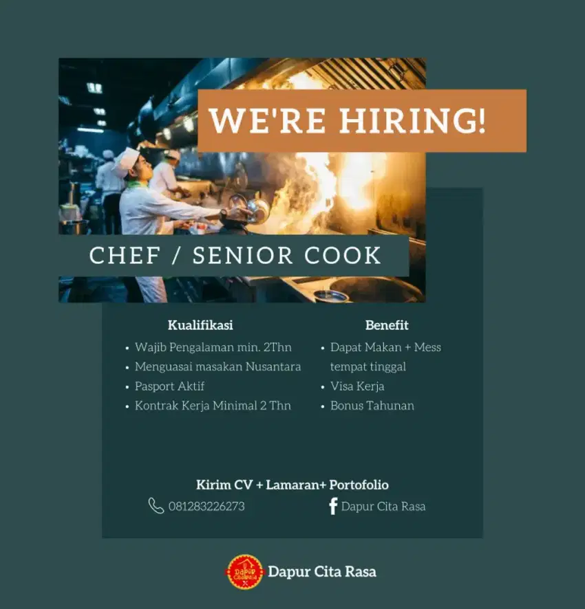 Di butuhkan senior cook/chef
