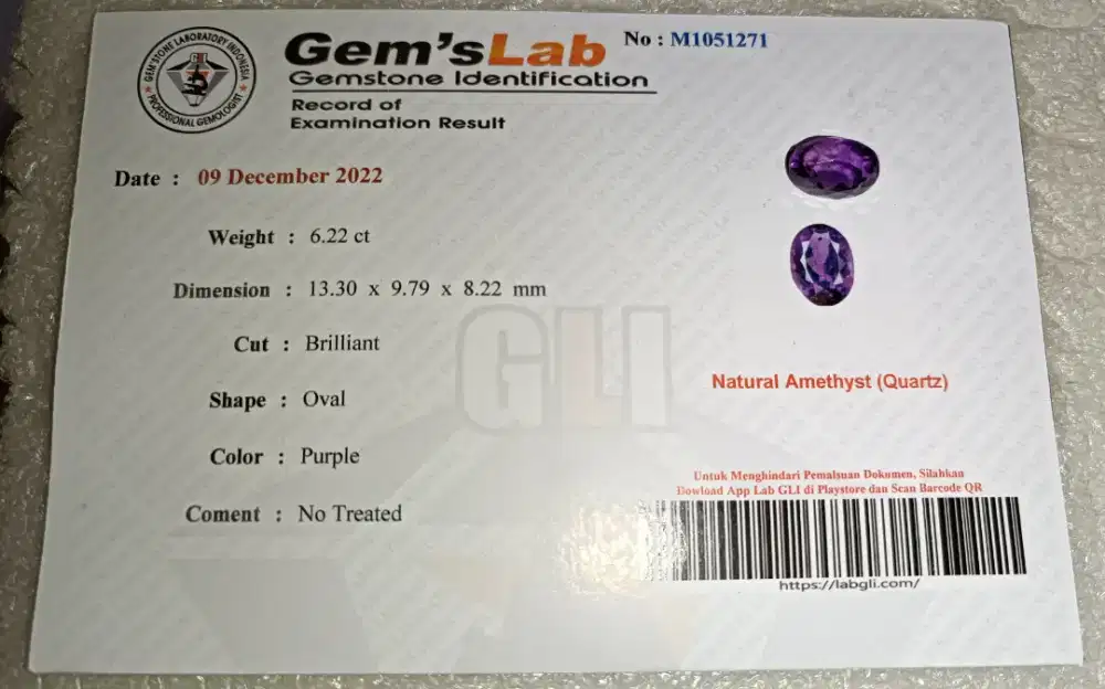 Natural Amethyst/Kecubung 6.22 Ct Mewah bersertifikat