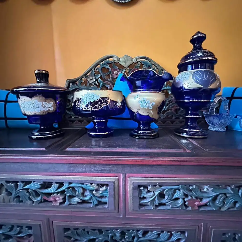 Set 4 Kristal Bohemia Boro Biru Cantik Ukutan Besar Mulus Suap Pajang