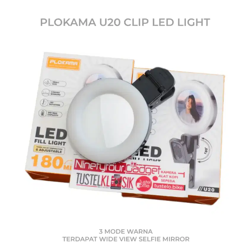 Plokama U20 Clip LED Light Wide View Mirror 3 Mode Warna Lampu Selfie