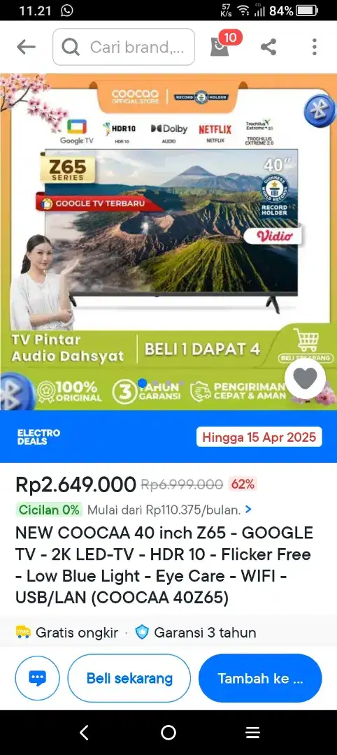(GOOGLE TV)COOCAA 40 INCH SMART TV-ANDROID 11-YOUTUBE-NETFLIX-40Z65