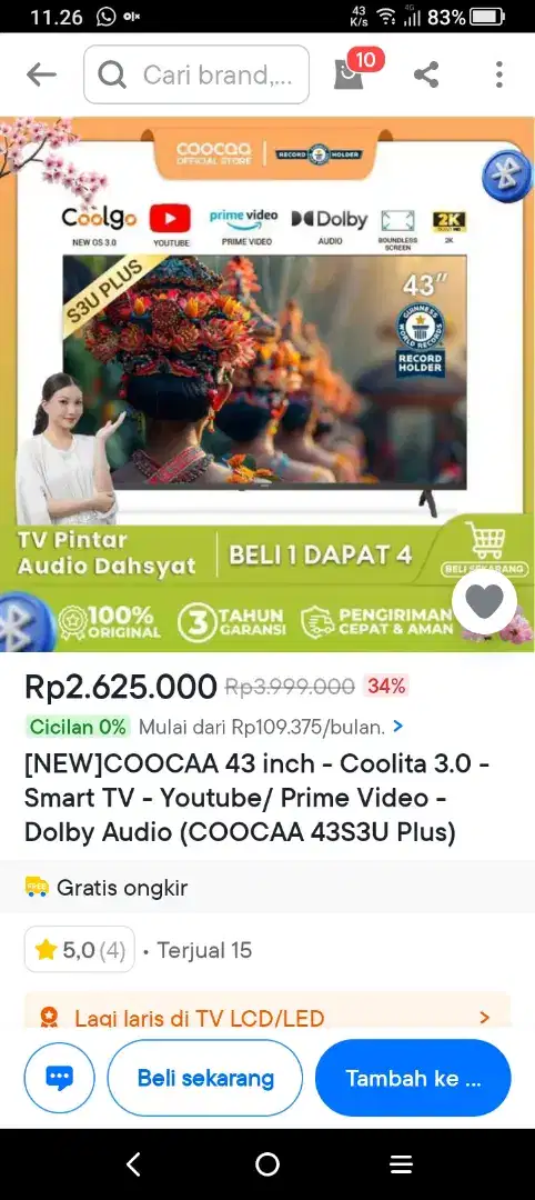 SMART TV COOCAA 43 INCH-DIGITAL TV-YOUTUBE-WIFI-(MODEL:43S3U)