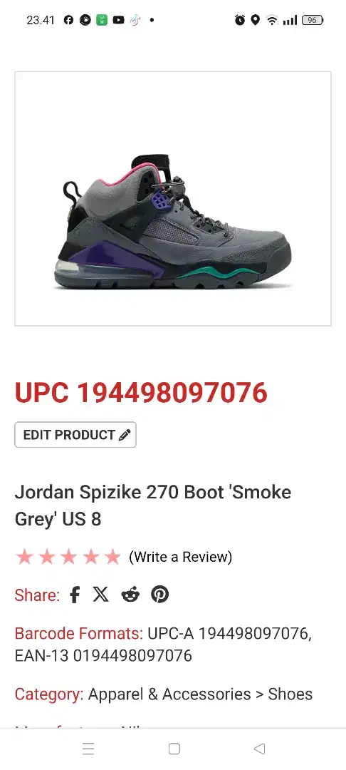 Jordan spizike 270 boot size 41 insole 26,0