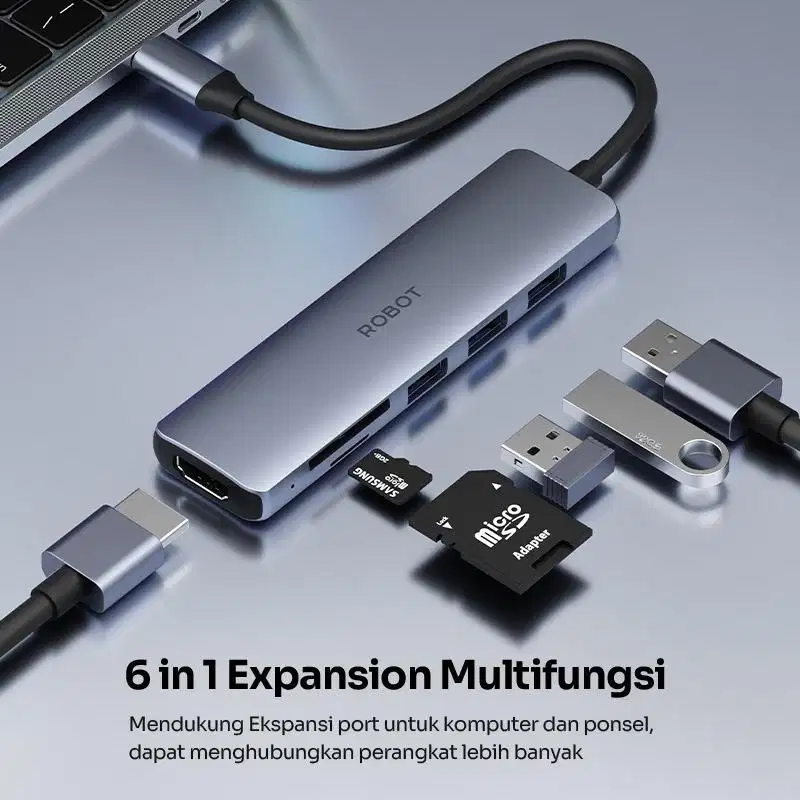 USH HUB ROBOT HT360 6IN1 USB TYPE-C TO HDMI/USB3.0x3/SD/TF