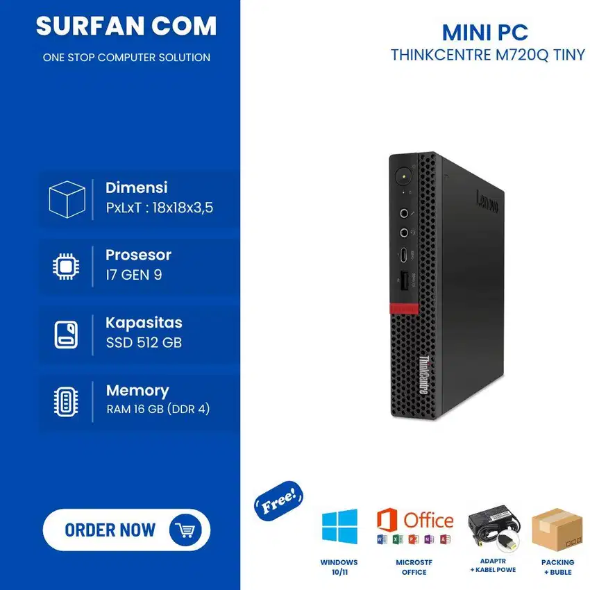 MINI PC LENOVO M720Q CORE I7 GENERASI 9 RAM 8 SSD 256