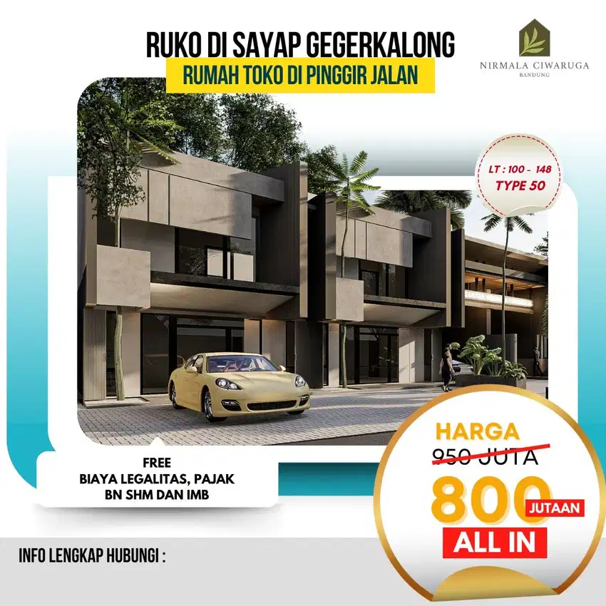 800 jutaan 1 unit Ruko di ciwaruga atas dekat gegerkalong sariwangi