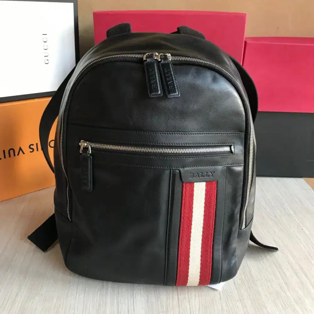 Bally tarrot black bovine plain leather backpack tas ransel