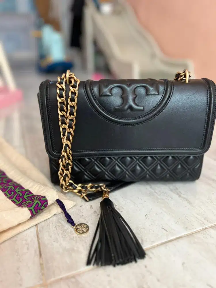 100% Original Tory Burch Fleming Medium Convertible Shoulder Bag-Black