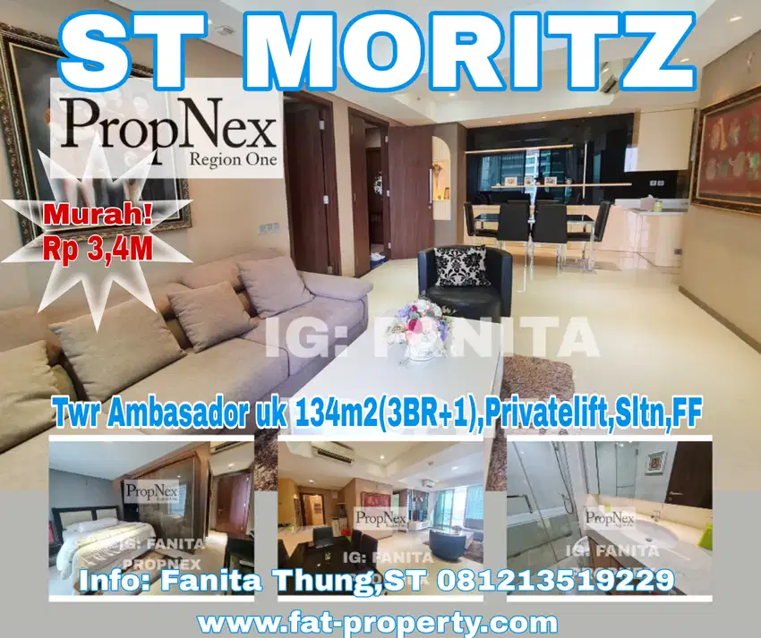 Dijual Apt ST MORITZ Twr Ambasador 134m2(3BR+1),Privatelift,lt20an,